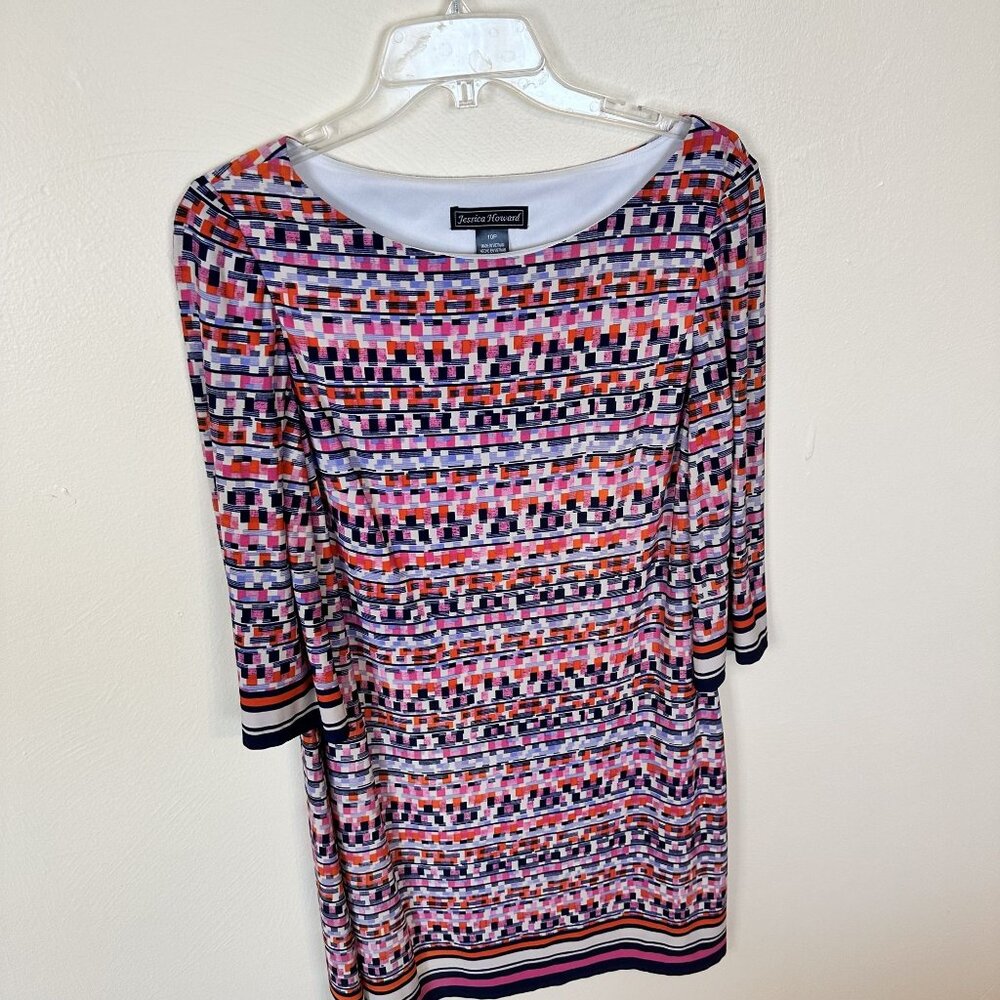 Jessica Howard 10P Geometric Print Dress With 3/4 Sleeves & Scoop Neck